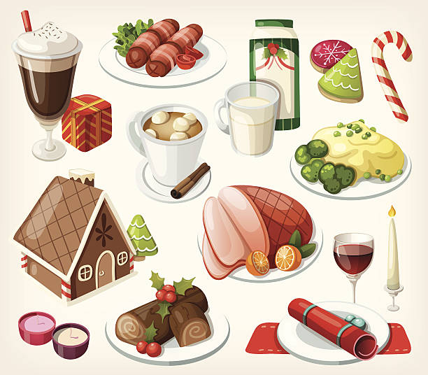 ilustrações de stock, clip art, desenhos animados e ícones de conjunto de comida tradicional de natal e sobremesas - serving a slice of cake
