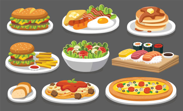 stockillustraties, clipart, cartoons en iconen met set van traditionele gerechten. laten we iets heerlijk smakelijk voedsel eten. pictogrammen voor menu logo's en labels. - plate hamburger