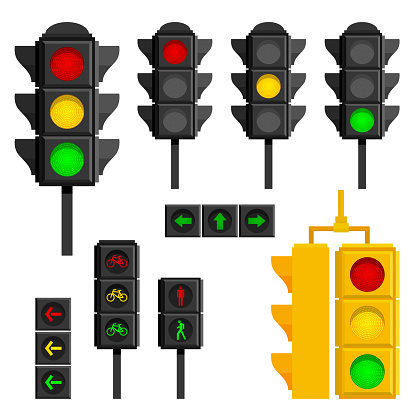 Set of traffic lights isolated on white background. Flat signal of different types icons. Sequence lights such as red, yellow, green and turn, go, wait for pedestrian and mopedists. Semaphore design.