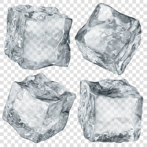 Set of transparent ice cubes Set of four realistic translucent ice cubes in gray color isolated on transparent background. Transparency only in vector format cold temperature illustrations stock illustrations
