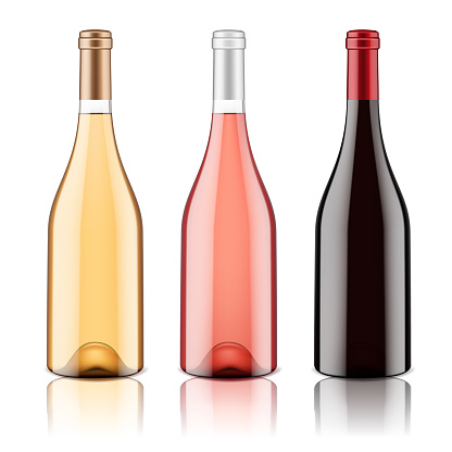 Set of transparent wine bottles, isolated.