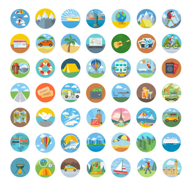 ilustraciones, imágenes clip art, dibujos animados e iconos de stock de set de viaje icono diseño plano - road trip