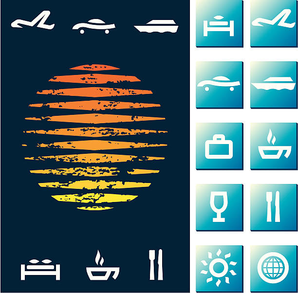 stockillustraties, clipart, cartoons en iconen met set of travel icons and a grunge sunset - sunset dining