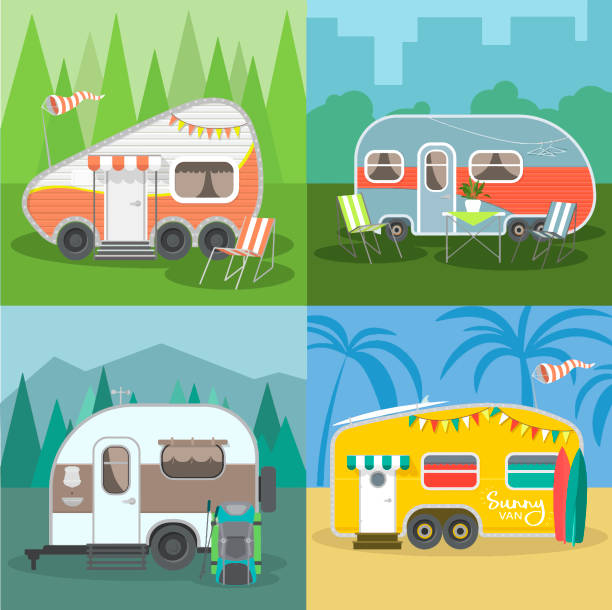 stockillustraties, clipart, cartoons en iconen met set reizen trailer caravans met verschillende landschappen. - caravan