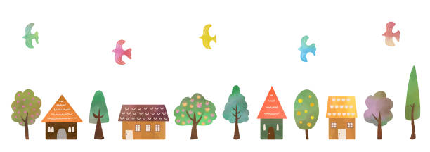 木、家や鳥のセット、水彩画のテクスチャ - wood texture点のイラスト素材／クリップアート素材／マンガ素材／アイコン素材