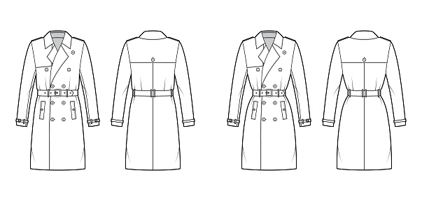 Set of Trench coats technical fashion illustration with belt, double breasted, long sleeves, napoleon wide lapel collar, knee length. Flat jacket template front, back, white color. Women, men, top CAD vector