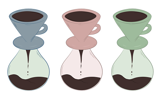 A set of trendy cute pour over coffee makers for alternative or filter coffee in pink, blue and green colors