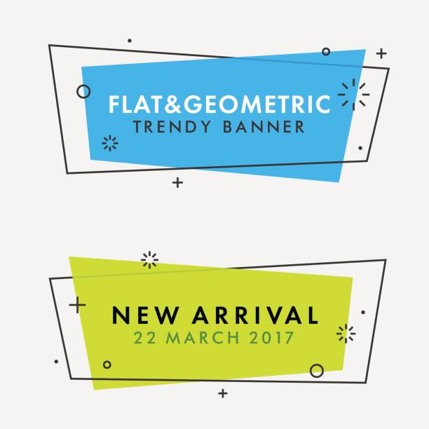 Set of trendy flat geometric vector banners. Set of trendy flat geometric vector banners. Vivid transparent banners in retro poster design style. Vintage colors and shapes. Green and blue banner design. shopping borders stock illustrations