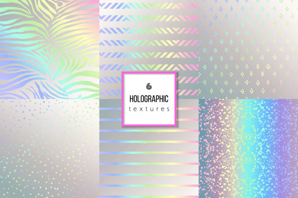 Set of trendy holographic textures for cover, brochure, flyer, p Set of trendy holographic textures for cover, brochure, flyer, poster, invitation, stylish design. Abstract dotted, striped, zebra animal, celebration confetti background Vector illustration holographic stock illustrations