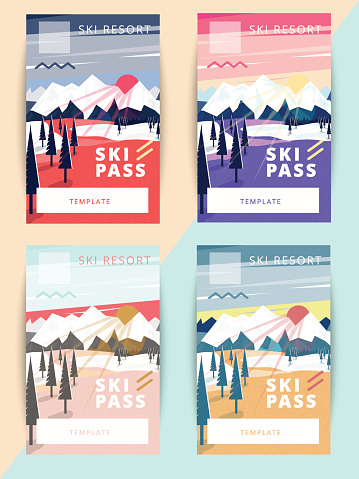 Set of trendy vector ski pass template design.