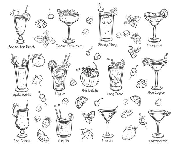 Set of tropical cocklails. Set of tropical cocklails. Summer alcoholic drinks. Engraving holiday and beach party vector illustration. Long island, bloody mary, cosmopolitan, margarita, mai tai, pina colada, blue lagoon and etc. cocktail drawings stock illustrations