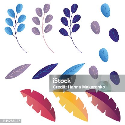 istock Set of tropical leaves and flowers isolated on white background. Vector graphics. 1414288427