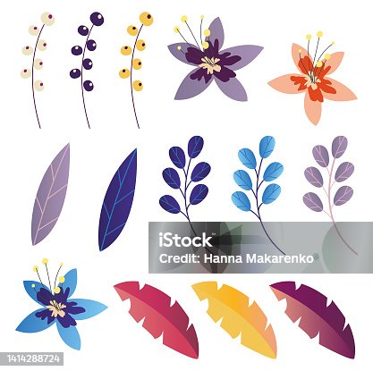 istock Set of tropical leaves and flowers isolated on white background. 1414288724
