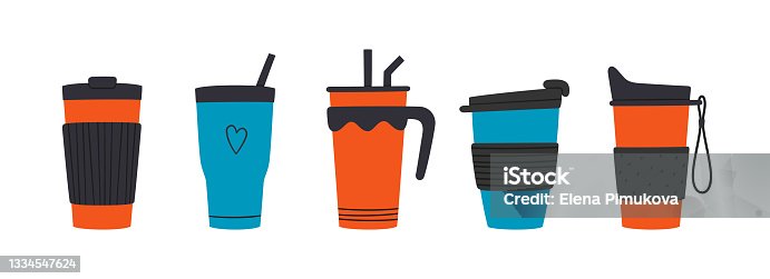 istock Set of tumblers with cap, handle and straw. Reusable cups and thermo mug. Different designs of thermos for take away coffee. Vector illustrations isolated in flat and cartoon style 1334547624