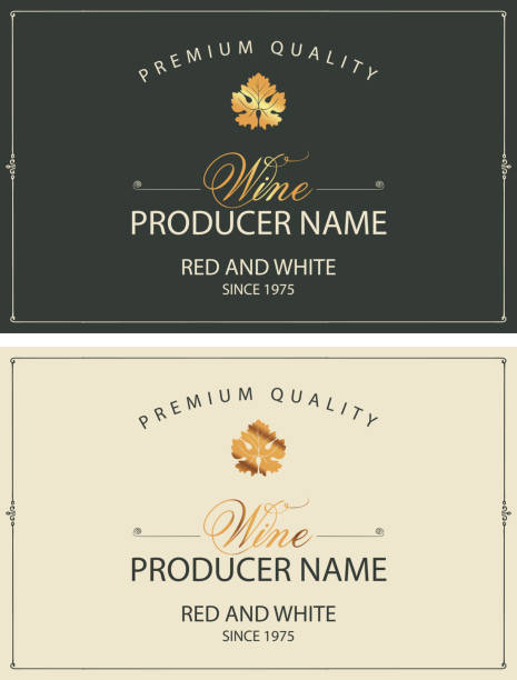 set of two vector wine labels with vine leaves Set of two vector labels for red and white wine with golden vine leaves and calligraphic inscriptions in retro style champagne borders stock illustrations