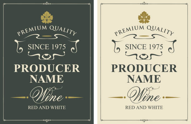 stockillustraties, clipart, cartoons en iconen met set van twee wijnetiketten met wijnbladeren - etiket