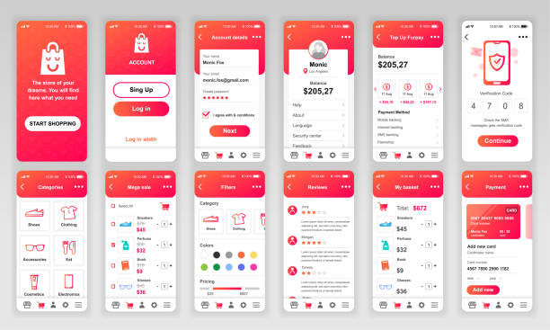 Set of UI, UX, GUI screens Shopping app flat design template for mobile apps Set of UI, UX, GUI screens Shopping app flat design template for mobile apps, responsive website wireframes. Web design UI kit. Shopping Dashboard. shopping drawings stock illustrations
