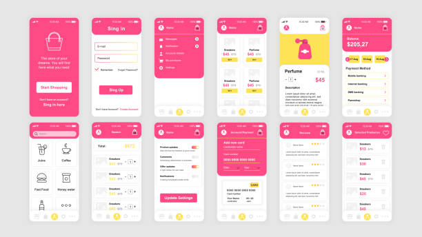 Set of UI, UX, GUI screens Shopping app flat design template for mobile apps Set of UI, UX, GUI screens Shopping app flat design template for mobile apps, responsive website wireframes. Web design UI kit. Shopping Dashboard. shopping drawings stock illustrations