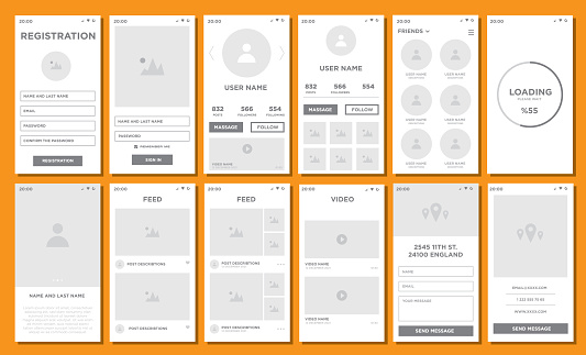 Set of UI, UX, GUI screens Social Network app flat design template for mobile apps, responsive website wireframes. Web design UI kit. Social Network Dashboard.