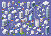 Set of urban 3d buildings of different colors for creativity and design, includes skyscrapers, houses, shops, offices, natural sites, trees, transport