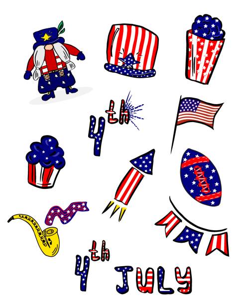 Set of USA national symbols for independence day. 4th of July. Elements for greeting cards and posters. Set of USA national symbols for independence day. 4th of July. Elements for greeting cards and posters. Vector, Illustration. national popcorn day stock illustrations