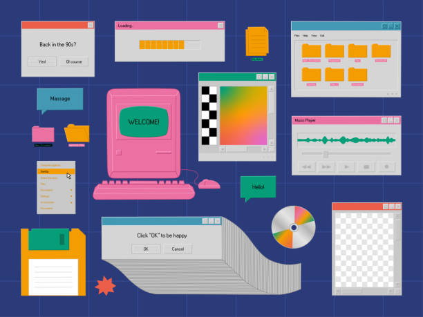 Set of user interface elements in retro style. Tabs, icons, windows. Old computer 90s concept vector art illustration