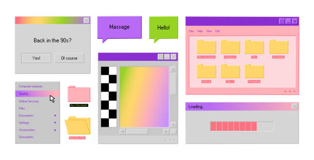 Set of user interface elements. Retro computer 90s concept. Windows with message, folders, buttons vector art illustration