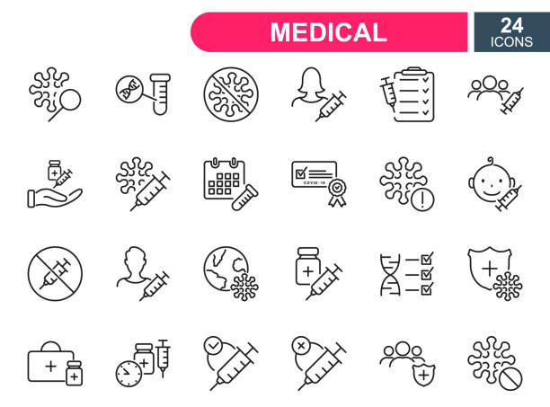 Set of vaccine line icons. Injection, prevention and treatment of covid. Medical syringe and ampoules, certificate for Vaccine. Linear icons for medical vaccine. Editable stroke. Vector illustration Set of vaccine line icons. Injection, prevention and treatment of covid. Medical syringe and ampoules, certificate for Vaccine. Linear icons for medical vaccine. Editable stroke. Vector illustration. anti vaccination stock illustrations