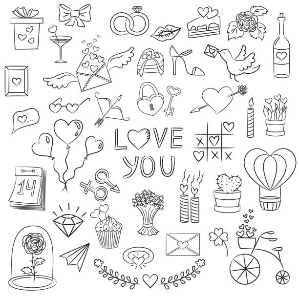 stockillustraties, clipart, cartoons en iconen met set valentine dag doodle elementen. - diamant ring display