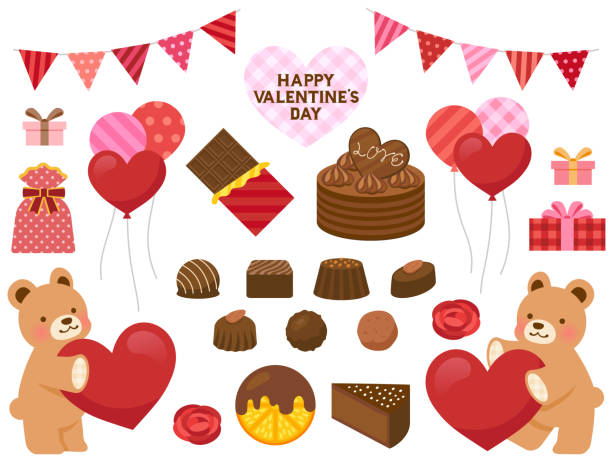 stockillustraties, clipart, cartoons en iconen met reeks diverse chocoladesnoepjes en decoratiepictogrammen voor japanse de dag van de valentijnskaart - chocoletter