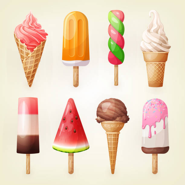 一套各種美味的霜淇淋，包括冰棒，錐與不同的澆頭和水果冰。用於外購、酒吧或餐廳功能表的健康食品的向量插圖。卡通風格圖示。 - 冰棒 幅插畫檔、美工圖案、卡通及圖標
