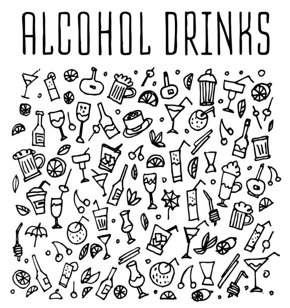 illustrazioni stock, clip art, cartoni animati e icone di tendenza di gruppo di vari schizzi cocktail e bevande analcoliche - aperitivo