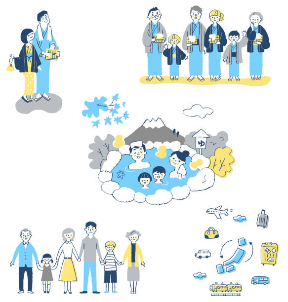 ilustrações de stock, clip art, desenhos animados e ícones de set of various hot spring trip images - grandparents vertical