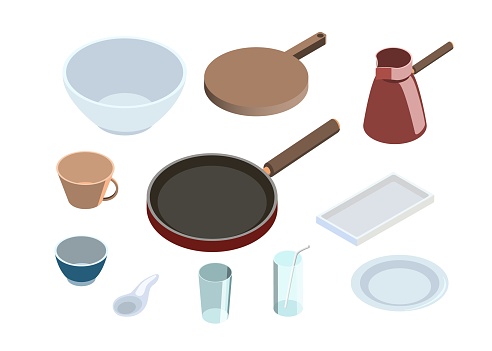 Set of various kitchenware isometric style. Isolated on white background