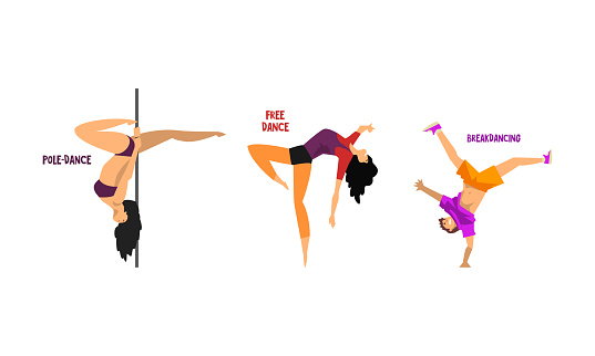 Set of Various Styles of Dancing, People Dancing Pole, Free, Break Dances Cartoon Vector Illustration