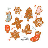 Set of various tasty gingerbread cookies in cartoon style. Hand drawn cute holiday winter illustration. Christmas sweet man, bell, socks, star, mitten, snowflake. Vector isolated.