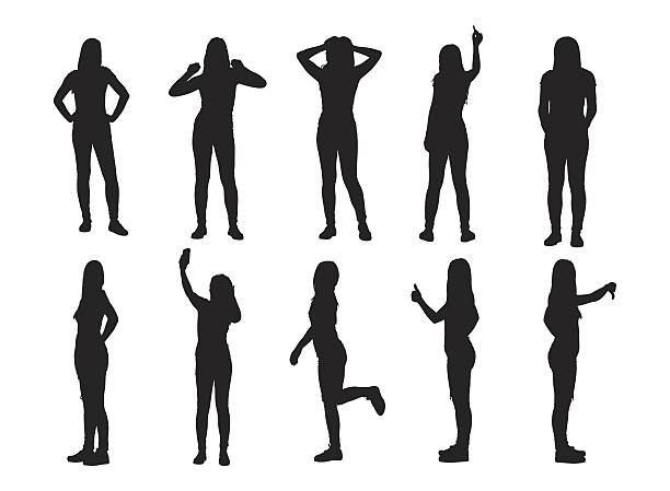 Set of various woman silhouettes Collection of different full length woman silhouettes. Vector illustration. selfie silhouettes stock illustrations