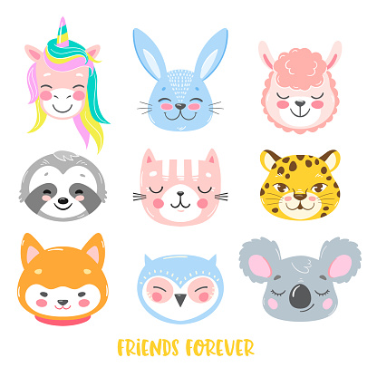 Set of vector animals in cartoon style. Cute smiley unicorn, bunny, llama, sloth, cat, leopard, dog, owl and koala faces