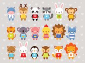 Set of vector animals in cartoon style. Cute animals on a gray background. A collection of small animals in the children's style. Africa, tropics, antarctica, farm, forest.