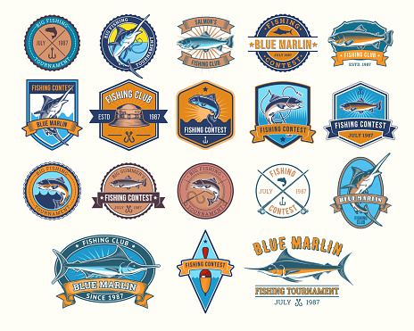 Big set of vector color badges, stickers on catching fish. Emblems for fishing club, tournaments