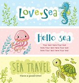 Set of vector banners on the marine theme and place for your text. Blue sea horse among the seaweed and flowers. Pink jellyfish among seaweed. Sea turtle among algae and small marine fish.