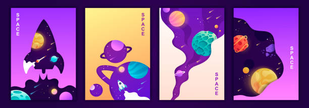 set of vector banners. space trip. universe. colorful templates for covers, flyers, posters. set of vector banners. space trip. universe. colorful templates for covers, flyers, posters. rocketship silhouettes stock illustrations