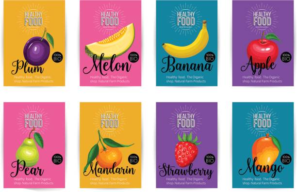 Set of vector banners with fruits Melon, mandarin, mango, strawberry, plum, banana, apple and pear. Set of vector banners with fruits. Healthy food concept for farmers market menu design. banana backgrounds stock illustrations