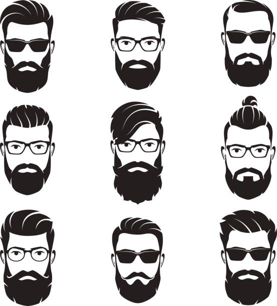 Set of vector bearded men faces hipsters Set of vector bearded men faces hipsters with different haircuts, mustaches, beards. Silhouettes, avatars, heads, emblems, icons labels beard stock illustrations