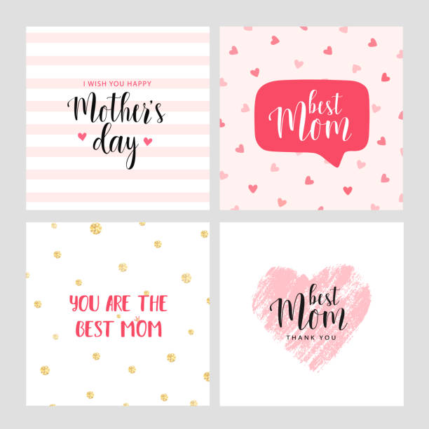 Set of vector cards for Mother's day Vector set of square cards for Mother's day. Pink hand drawn heart. Vector illustration. Vector card, badge for Mother's day. Love Mom concept. Happy Mother's day. mother designs stock illustrations