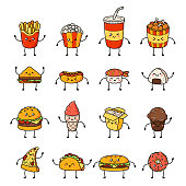 Set of vector cartoon doodle icons junk food. Illustration of comic fast food.