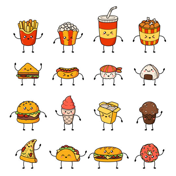 illustrazioni stock, clip art, cartoni animati e icone di tendenza di set di icone di doodle dei cartoni animati vettoriali cibo spazzatura. illustrazione di fast food comico. patch, badge - kawaii