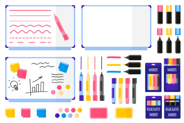 Set of vector cartoon illustrations with magnetic board, colored markers, sponge, stickers, magnets on white background Set of vector cartoon illustrations with magnetic board, multi-colored markers, sponge, stickers and magnets on white background. Back to school. whiteboard marker stock illustrations