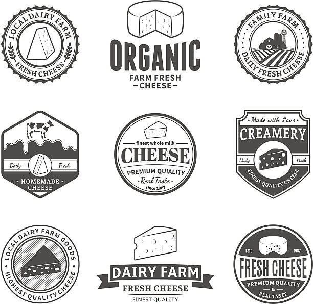 Set of Vector Cheese Labels, Icons and Design Elements Set of cheese label templates. Cheese labels with sample text. Cheese and milk icons for groceries, agriculture stores, packaging and advertising. cheese silhouettes stock illustrations