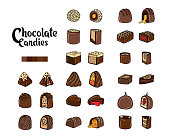 Set of vector colored Doodle illustrations of chocolate candies. Various cocoa sweets with different fillings, nuts, praline, caramel. Festive illustrations for cafes and pastry shops in cartoon style